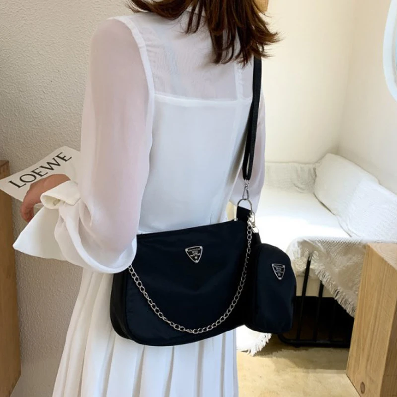 2-Piece Nylon Shoulder Bag Set: Chic Solid Color Handbags with Chain Strap for Daily Use & Travel - Image 3
